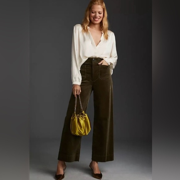 Anthropologie Maeve The Colette Cropped Green Corduroy Pants Wide Leg Size 25 - Picture 1 of 12